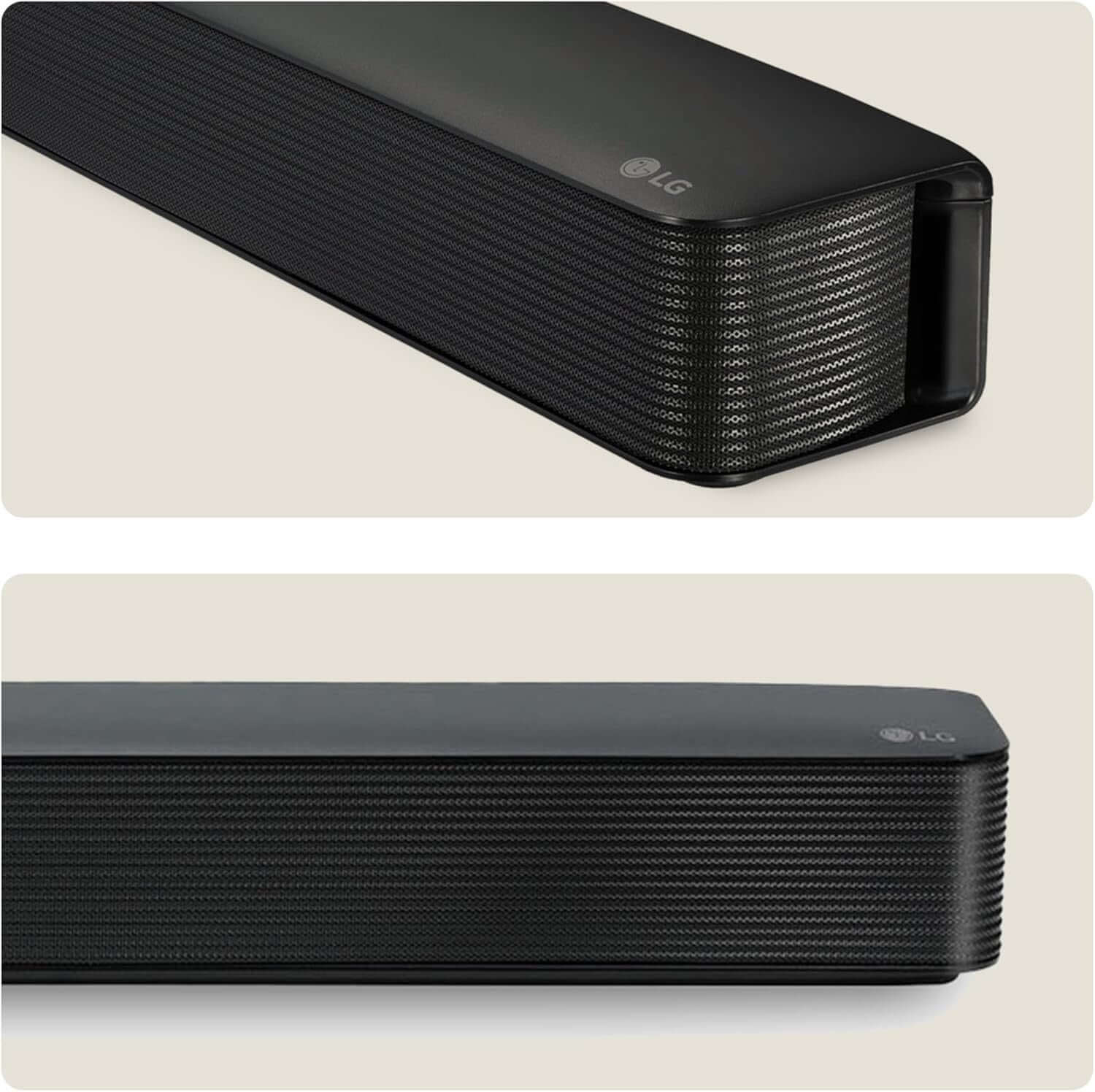 LG SQM1 SOUNDBAR WIRELESS BLUETOOTH COMPACT 40W OPTICAL PORT 3.5MM USB BLACK side and top view.