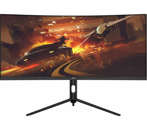 ADX A30A3M25 30" curved LCD gaming monitor displaying vibrant game graphics, with a sleek black design.