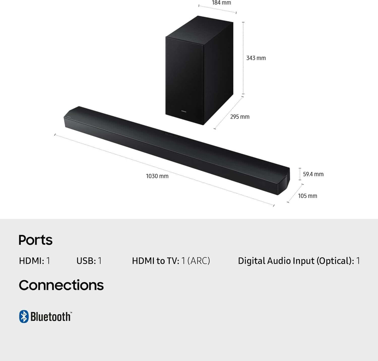 SAMSUNG HW-B750F 5.1 WIRELESS 400W SOUNDBAR SUBWOOFER DTS Virtual:X HDMI OPTICAL connections and ports diagram.