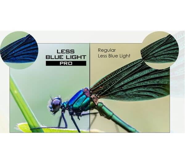 Comparison of Less Blue Light Pro technology with regular blue light on an insect's wing.