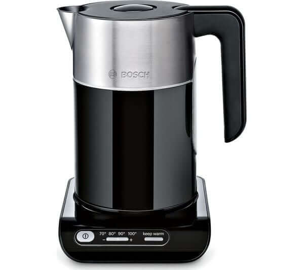 BOSCH Styline TWK8633GB 3000W 1.5L CORDLESS JUG STAINLESS STEEL KETTLE BLACK on its base.