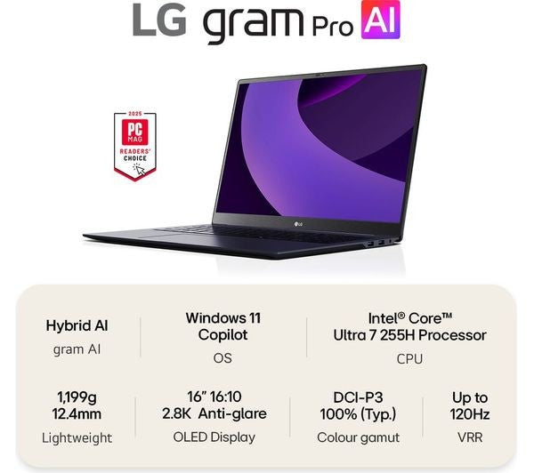 LG GRAM PRO 16 16Z90TP-K 16" 2.8K LAPTOP CORE ULTRA 7 255H 1TB SSD 16GB DDR5 RAM