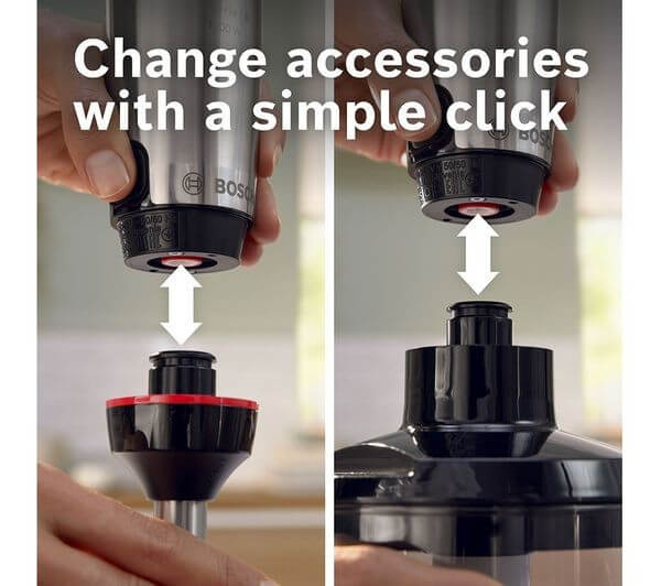 BOSCH ERGOMASTER 3 IN 1 PRESSURE CONTROLLED SPEED HAND BLENDER 1000W MSM6M623GB changing accessories with a simple click