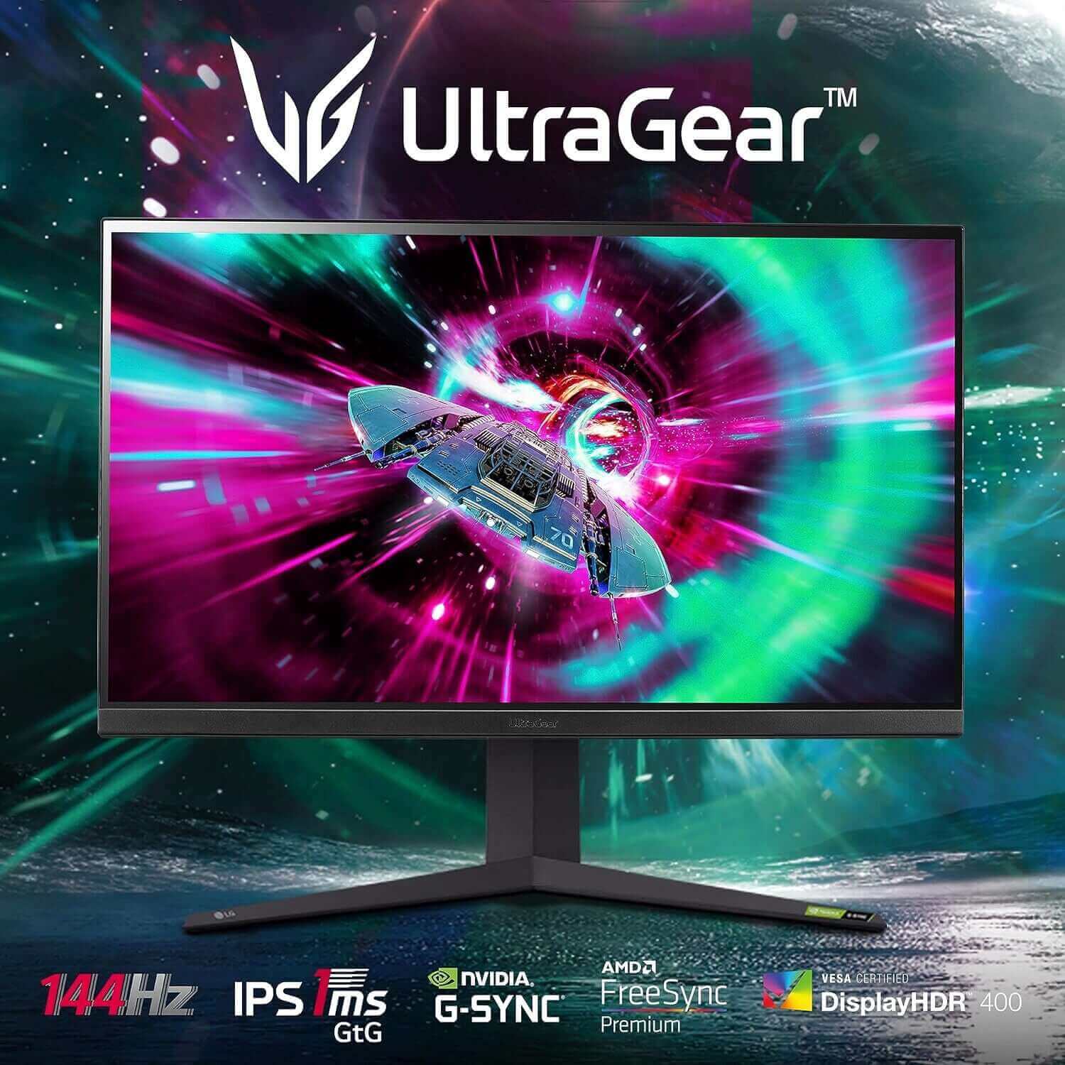 LG UltraGear monitor showcasing vibrant graphics with 144Hz refresh rate and 1ms response time for gamers.