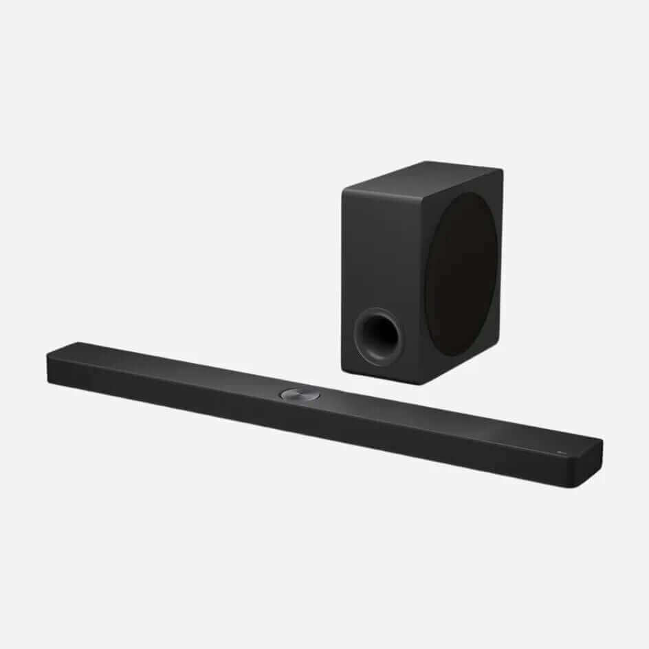 LG US90TY 5.1.3 wireless soundbar and subwoofer set, black, with Dolby Atmos and DTS:X for immersive audio experience.