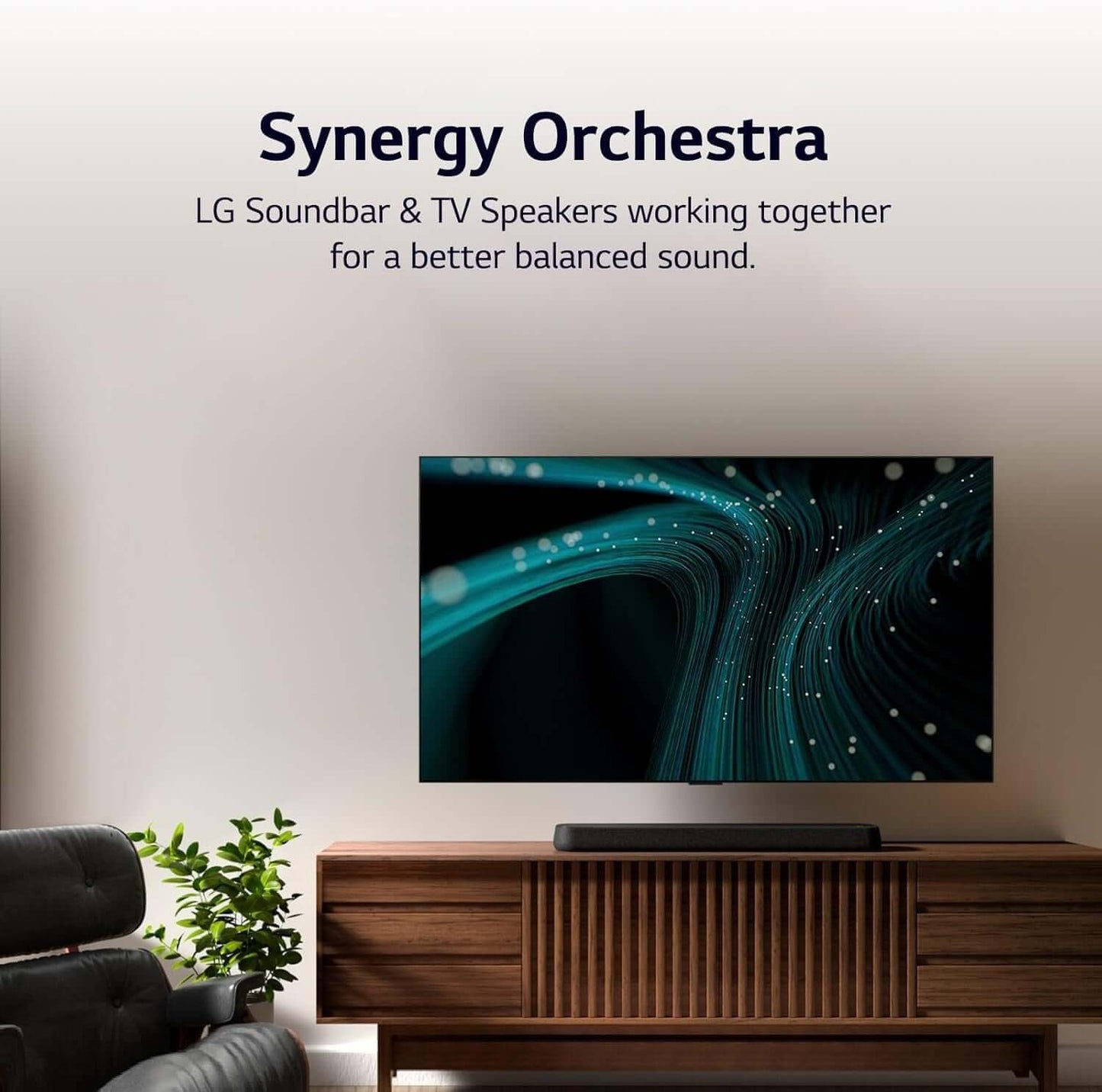 Synergy Orchestra LG Soundbar & TV Speakers working together for a better balanced sound with the LG USE6S SOUNDBAR 3.0 ALL-IN-ONE WIRELESS 4K SUBWOOFER DOLBY ATMOS HDMI RRP £499.