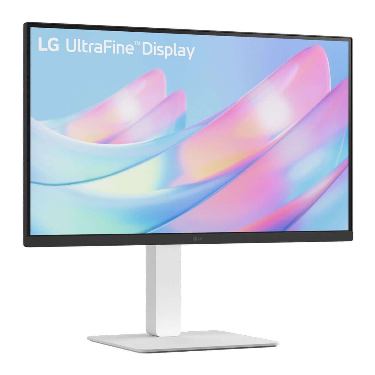 LG UltraFine Display 27-inch UHD monitor showcasing vibrant colors on a sleek white stand.