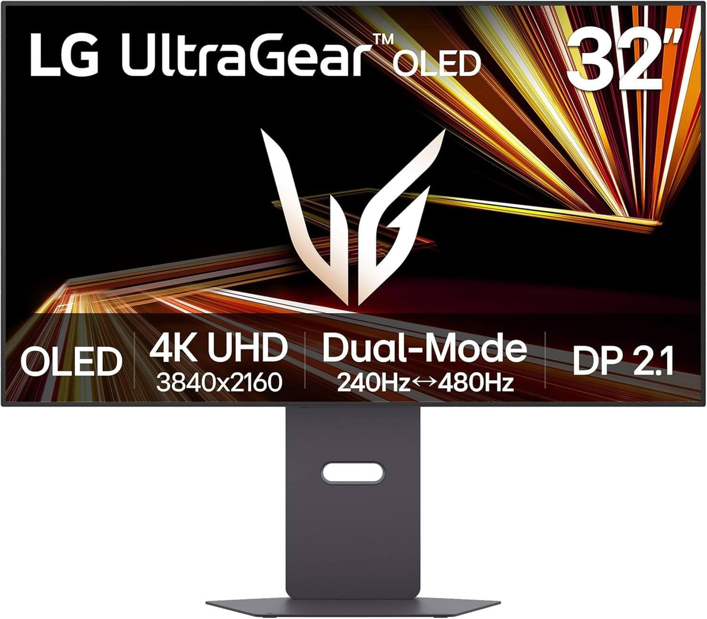 LG 32 inch OLED gaming monitor showcasing 240Hz refresh rate and 4K UHD resolution with sleek design