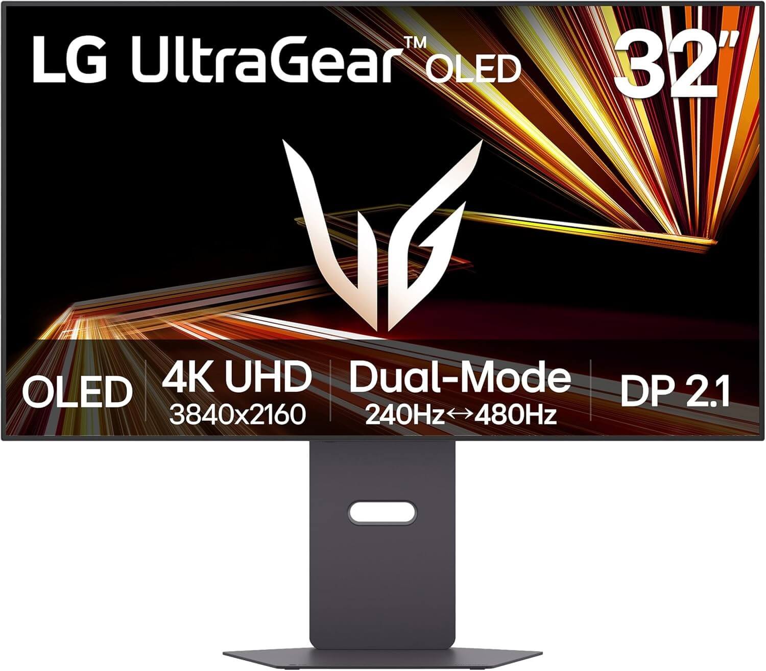 LG 32 inch OLED gaming monitor showcasing 240Hz refresh rate and 4K UHD resolution with sleek design