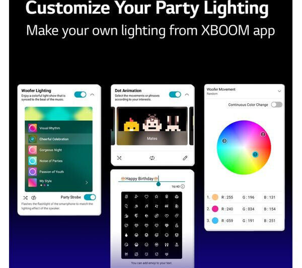 Customized party lighting options from the XBOOM app, showcasing various design settings and effects for the LG XBOOM speaker.