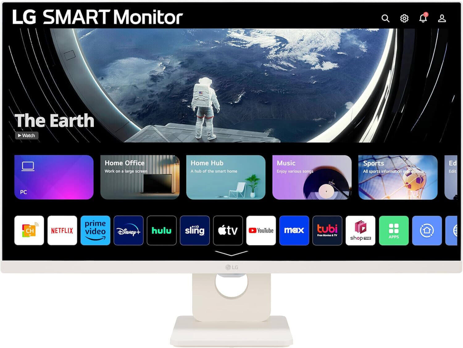 LG MyView 27" Smart Monitor displaying webOS interface with streaming apps and space-themed background.