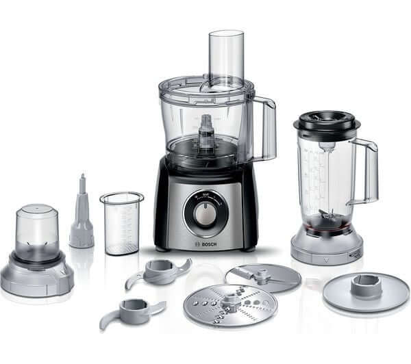 BOSCH MultiTalent3 MCM3501MGB Food Processor with various attachments in silver and black color.