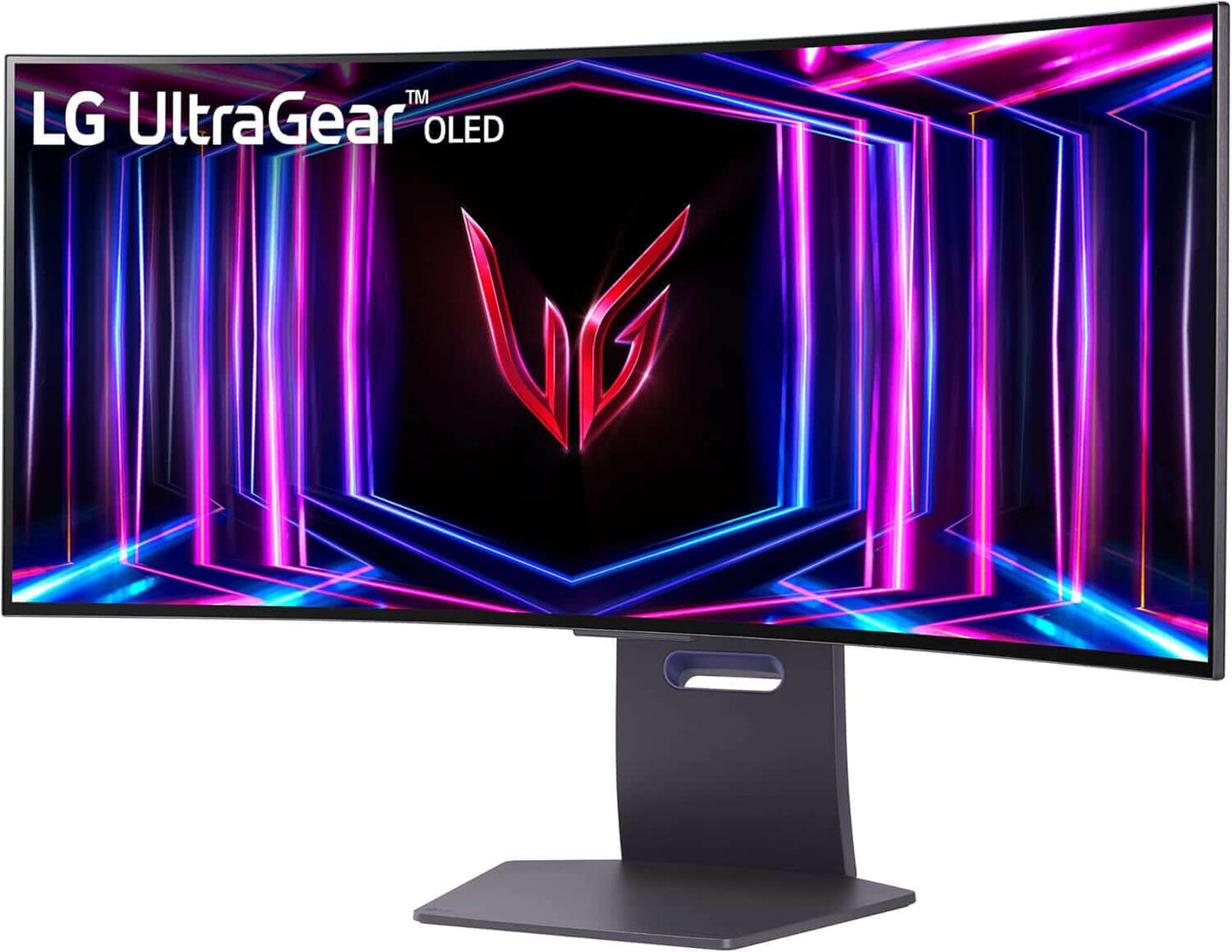LG 34" OLED GAMING MONITOR ULTRAGEAR 34GS95QE QUAD HD CURVED 1440P displaying vibrant colors and gaming graphics.