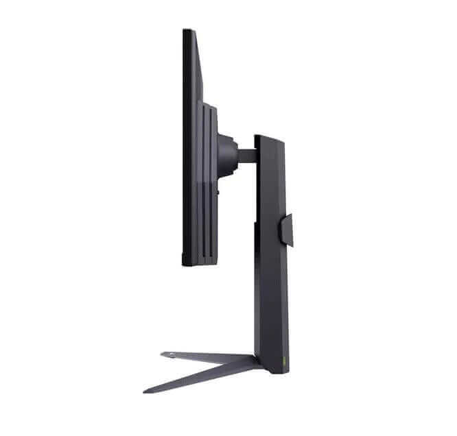 Side view of LG UltraGear 27GS75Q Quad HD Gaming Monitor in dark grey, highlighting slim design and adjustable stand.