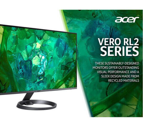 ACER Vero RL2 series monitor showcasing a vibrant green display with text highlighting its sustainable design and performance.