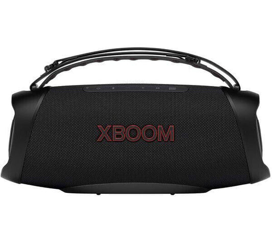 LG XBOOM Go XG8 black portable Bluetooth speaker with handle and control panel, designed for powerful sound and waterproof durability.