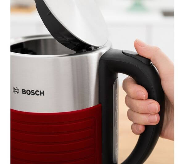 BOSCH Silicone TWK7S04GB 3000W 1.7L CORDLESS JUG STAINLESS STEEL KETTLE RED with lid open and ergonomic handle.