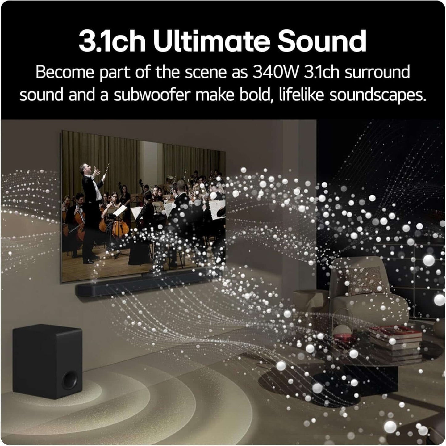 LG SOUNDBAR US40T 2.1 300W WIRELESS SUBWOOFER BLUETOOTH 5.3 HDMI showcasing 340W 3.1ch sound with immersive audio experience.