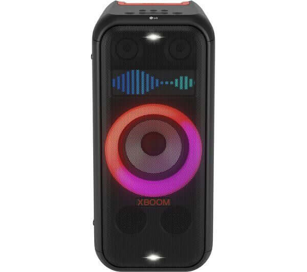 LG XBOOM XL7S Bluetooth megasound party speaker with LED lights in black, designed for karaoke and DJ mode.