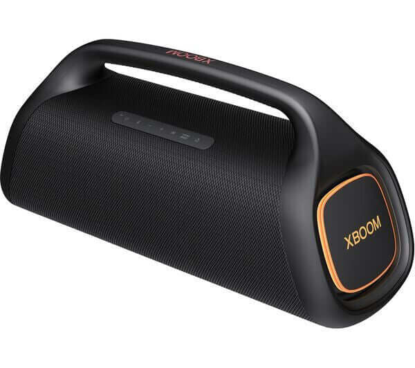 LG XBOOM Go XG9 portable Bluetooth speaker in black, featuring a sleek design and LED party lighting.