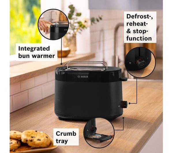 BOSCH MyMoments DELIGHT TAT2M123GB 950W 2 SLICE TOASTER DEFROST FUNCTION BLACK