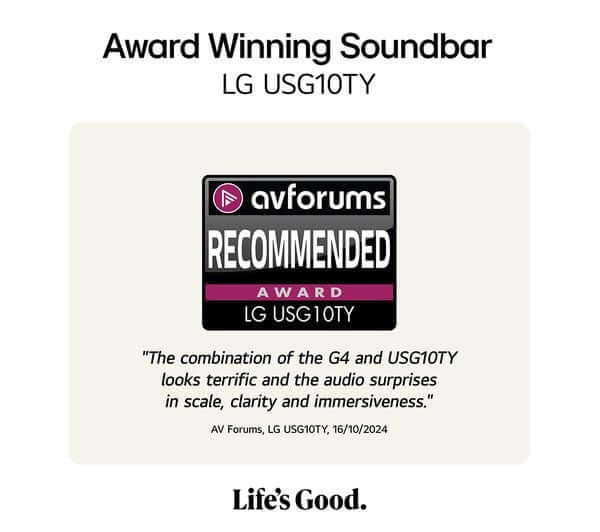 Award Winning Soundbar LG USG10TY Recommendation from AVForums 2024 for audio clarity and immersion.
