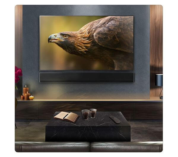 LG USG10TY SOUNDBAR HOME CINEMA 3.1 WIRELESS SUBWOOFER 4K DOLBY ATMOS RRP £999 in a modern living room with a TV.