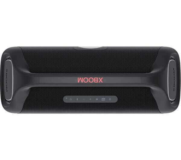 LG XBOOM GO XG9 portable Bluetooth speaker in black, featuring control buttons and waterproof design.