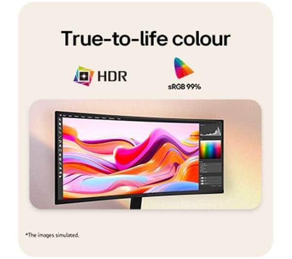 LG U6 34U601B-B monitor showcasing true-to-life color with HDR and sRGB 99%.