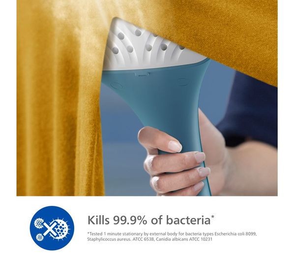 PHILIPS 1000 SERIES STE1040/20 1800W STANDING CLOTHES STEAMER BLUE ANTI-SCALE in action, killing 99.9% of bacteria.