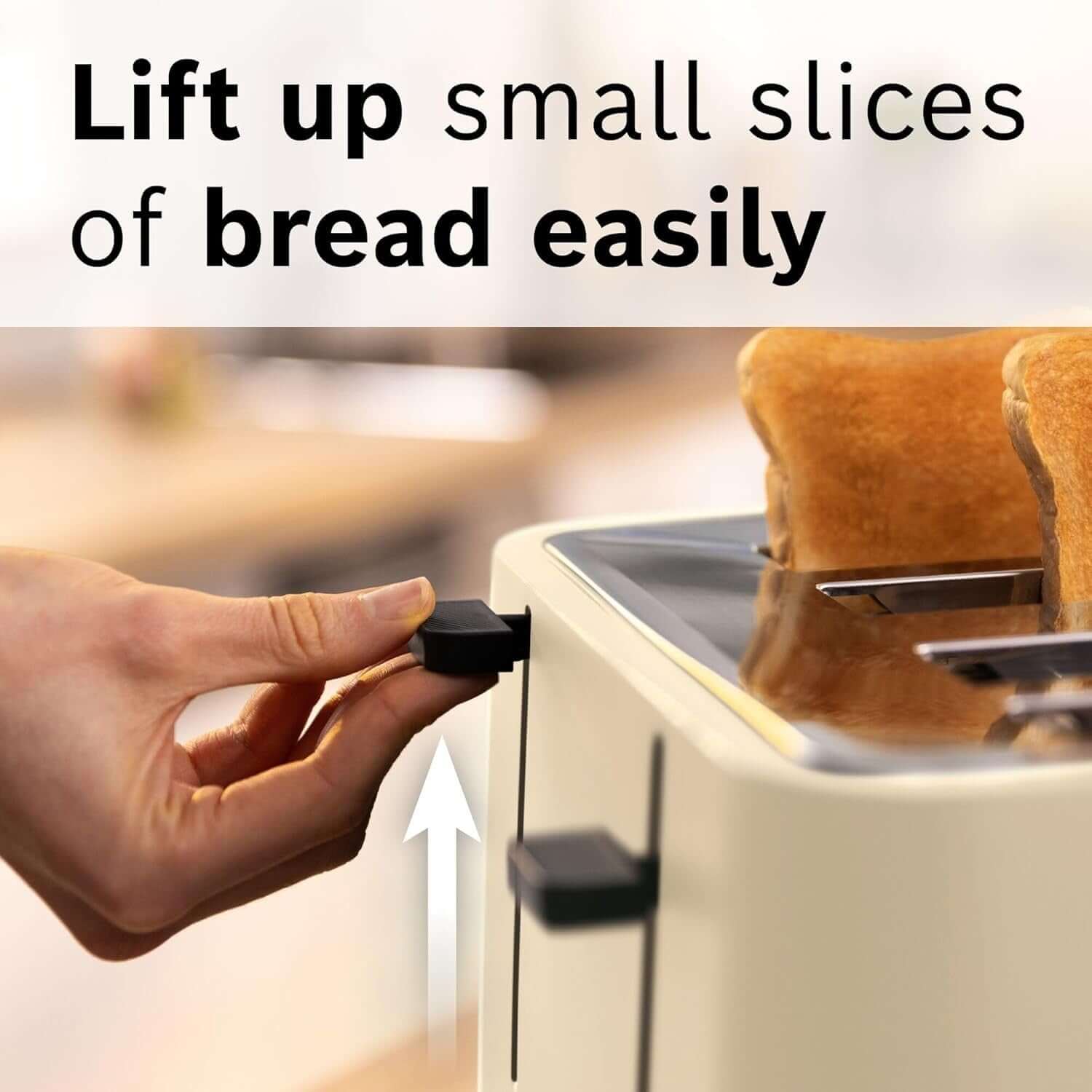 BOSCH MyMoment TAT3M147GB 1900W 4 SLICE TOASTER DEFROST/REHEAT FUNCTION BEIGE, high-lift feature for easy bread retrieval.