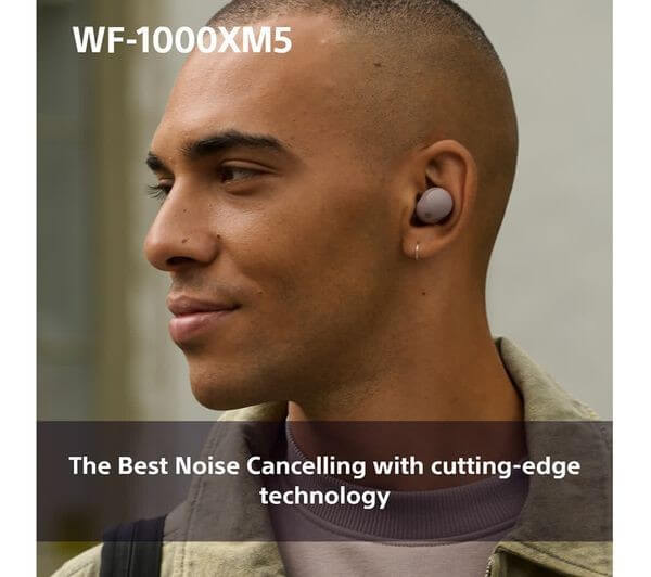 SONY WF-1000XM5 TRUE WIRELESS BLUETOOTH NOISE-CANCELLING EARBUDS IPX4 SMOKY PINK worn by a man.