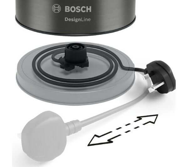 BOSCH DesignLine Ergo TWK5P475GB 3000W 1.7L JUG KETTLE BLACK & ANTHRACITE base and power connector view.