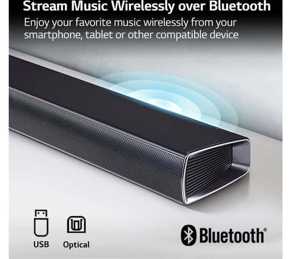 LG SOUNDBAR SQC1 2.1 160W BLUETOOTH 4.0 COMPACT WIRELESS SUBWOOFER stream music wirelessly over Bluetooth.