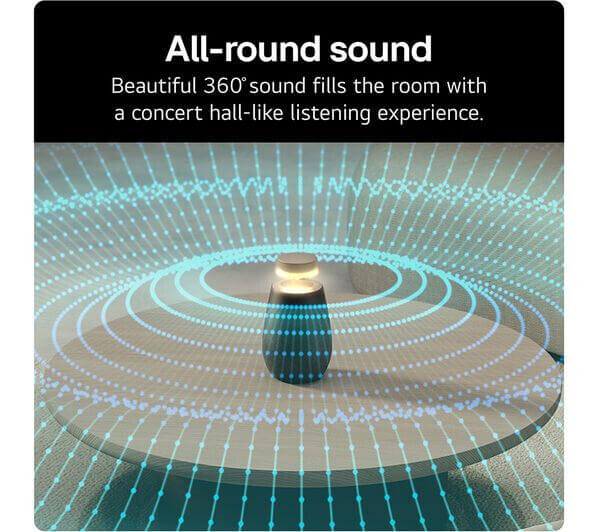 LG XBOOM 360 XO2 speaker demonstrating 360° omnidirectional sound with visual representation of sound waves.