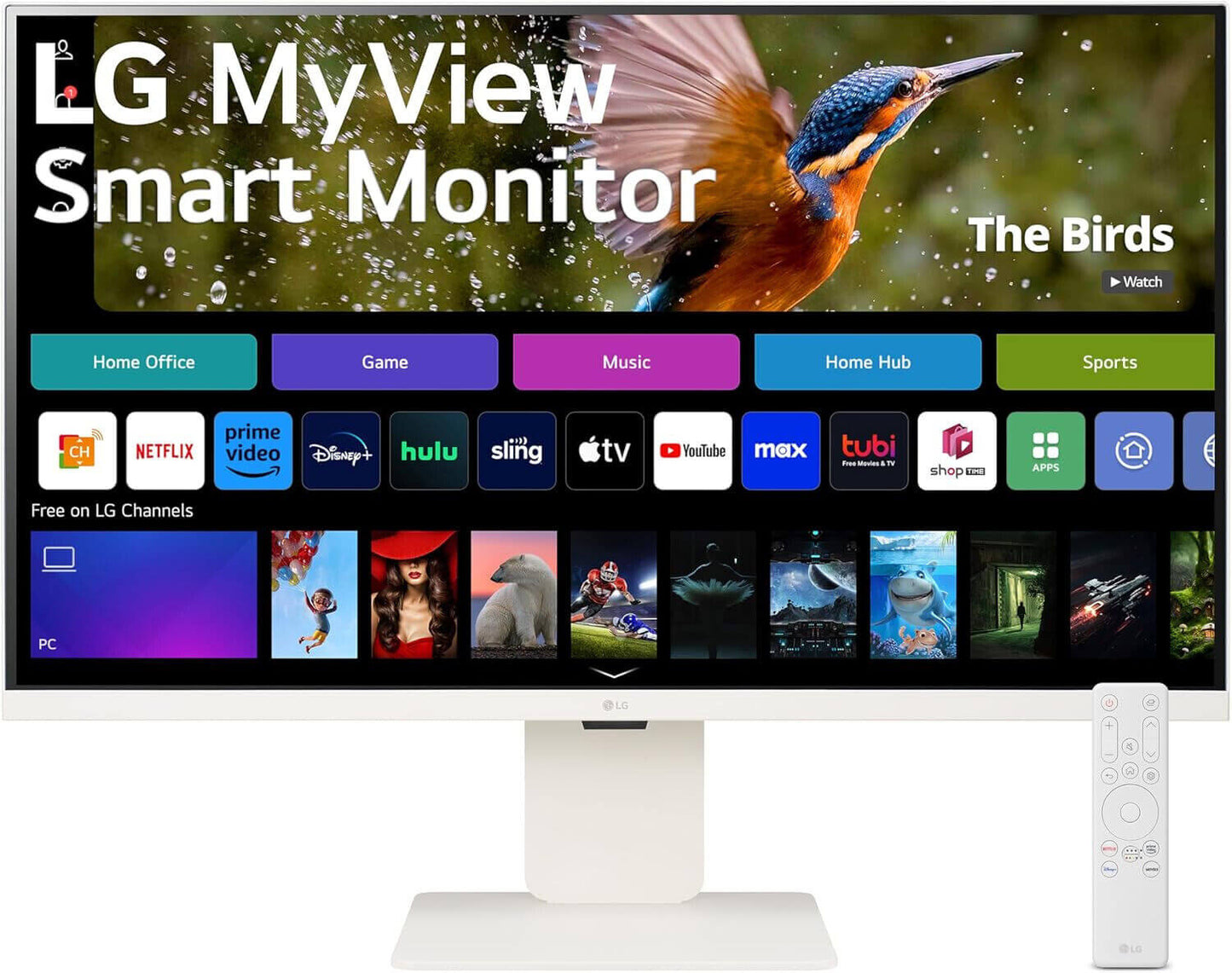 LG MyView Smart Monitor displaying streaming apps with remote control, ideal for home office and entertainment use.