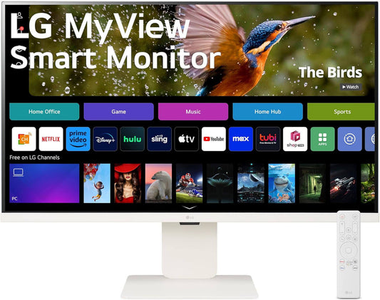 LG MyView Smart Monitor displaying streaming apps with remote control, ideal for home office and entertainment use.