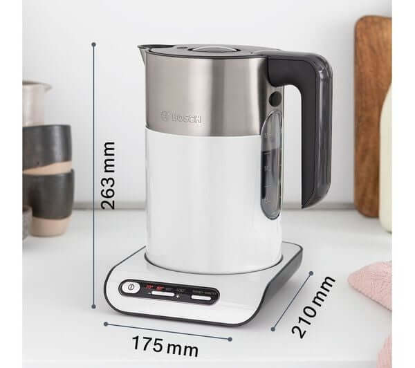 BOSCH Styline TWK8631GB 3000W 1.5L CORDLESS JUG STAINLESS STEEL KETTLE WHITE with dimensions shown.