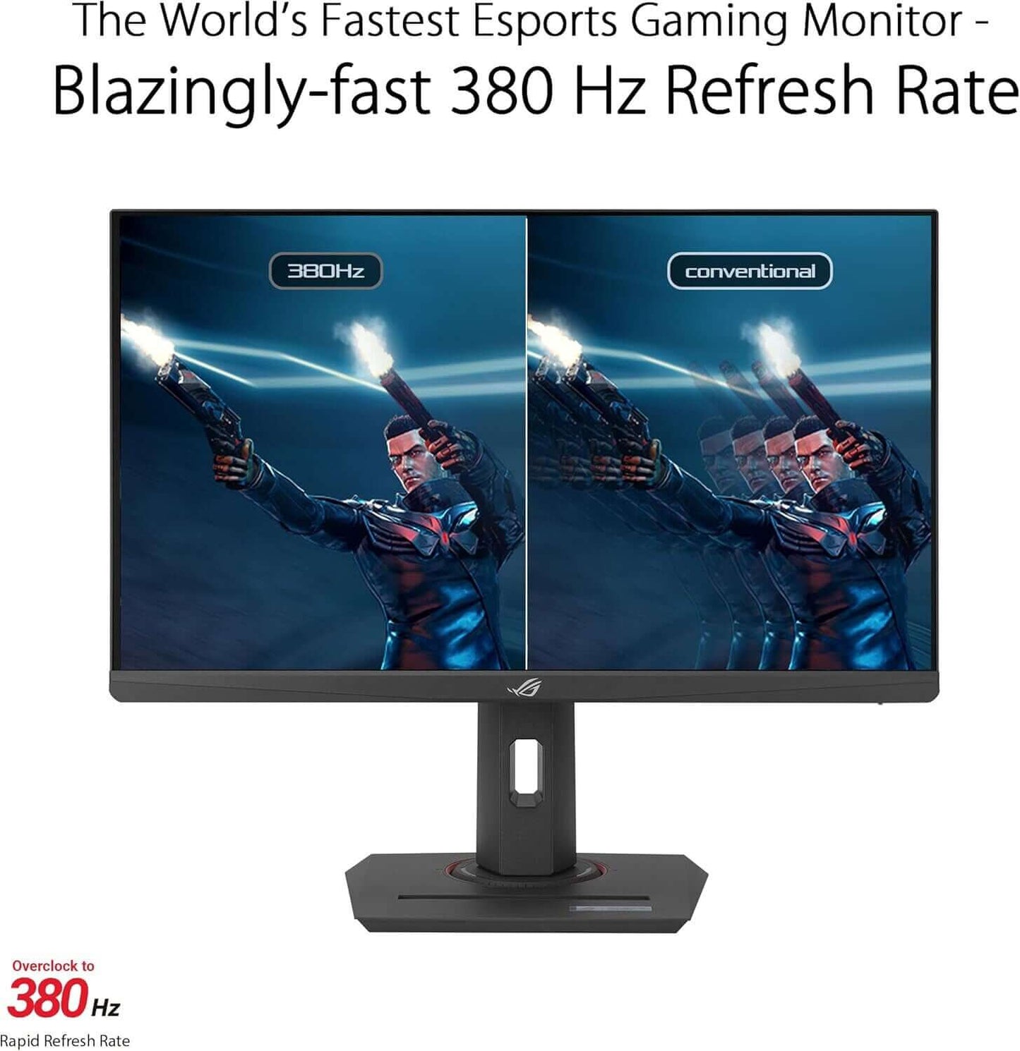 ASUS ROG Strix XG259QNS gaming monitor showcasing 380Hz refresh rate comparison with conventional display.