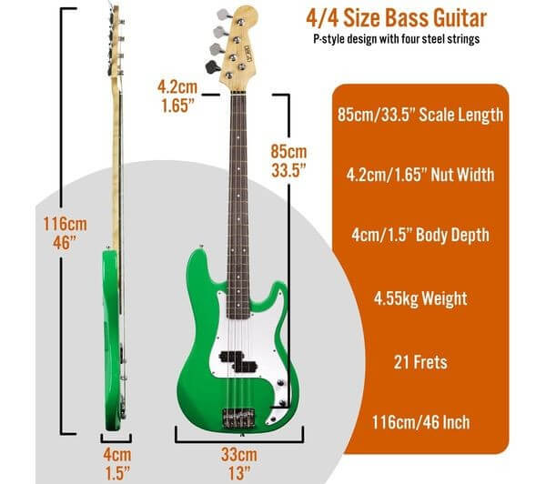 4/4 electric bass guitar bundle with amp specifications showing dimensions, weight, and design details.