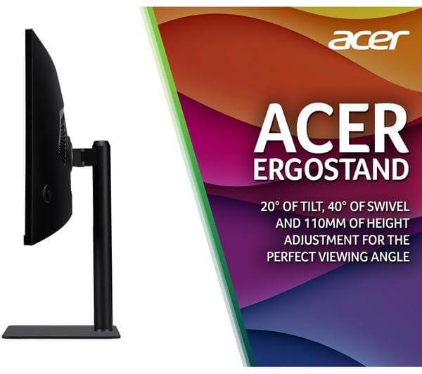ACER CZ342CUR 34" MONITOR WIDE QUAD HD 1440P CURVED VA LCD HDMI DISPLAYPORT side view with ergonomic stand features.