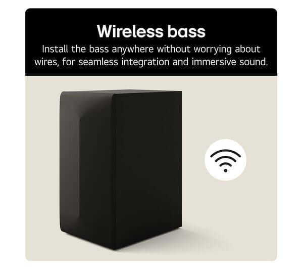 LG SOUNDBAR 5.1 440W WIRELESS SUBWOOFER BLUETOOTH HDMI USB AI SOUND PRO US60TR showing wireless bass for seamless sound integration.