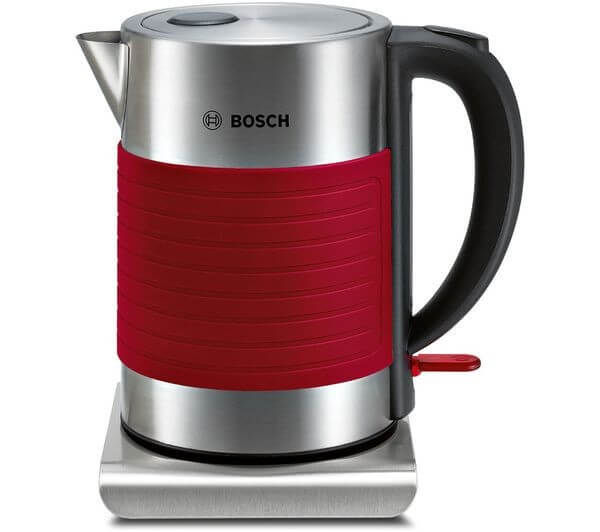 BOSCH Silicone TWK7S04GB 3000W 1.7L CORDLESS JUG STAINLESS STEEL KETTLE RED on a base.