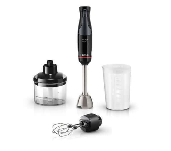 BOSCH 3-in-1 hand blender with accessories including a chopper, measuring cup, and whisk for versatile blending.