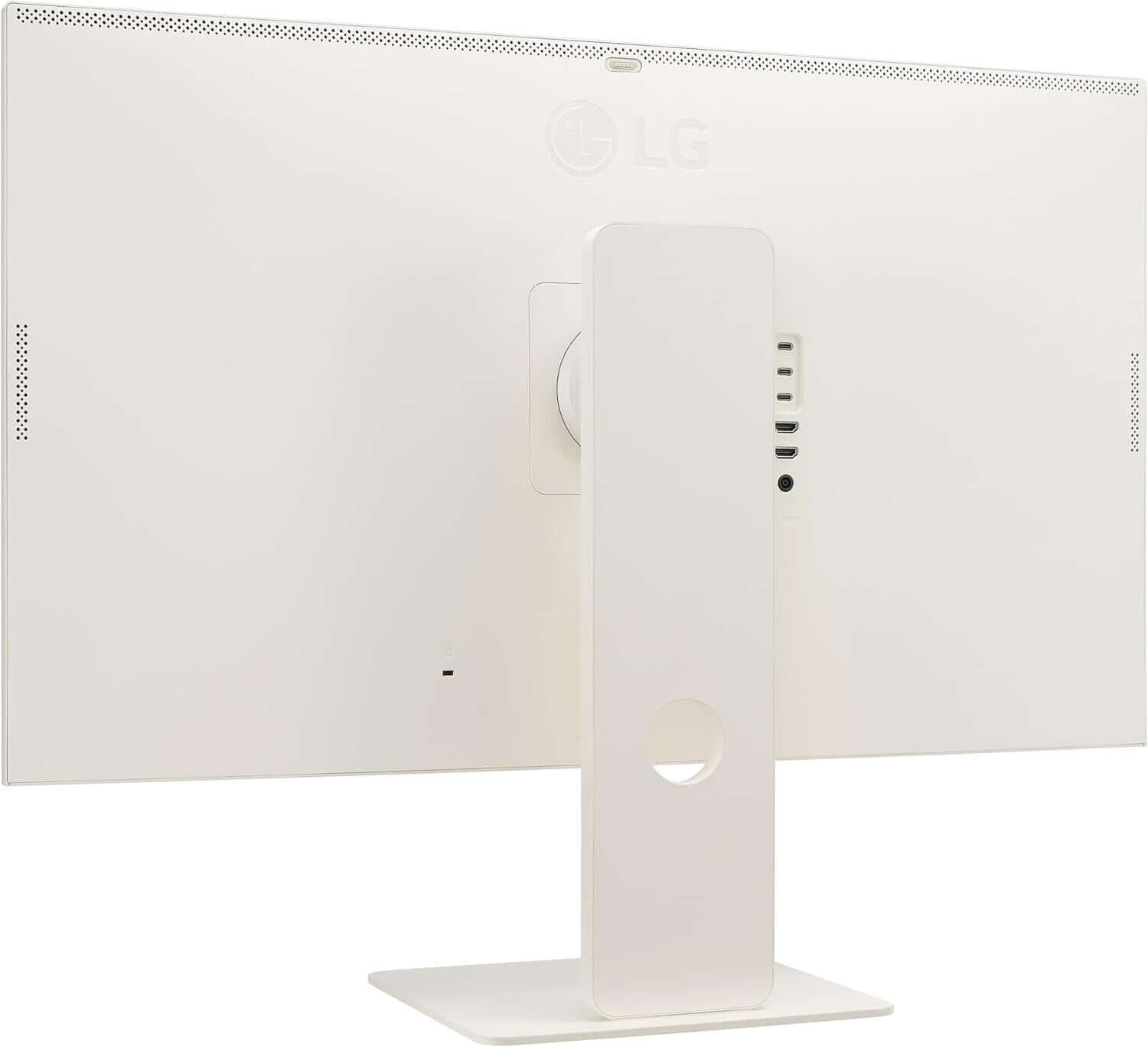 Back view of LG MyView 32SR83U-W 32" smart monitor in white, showcasing its sleek design and connectivity ports.