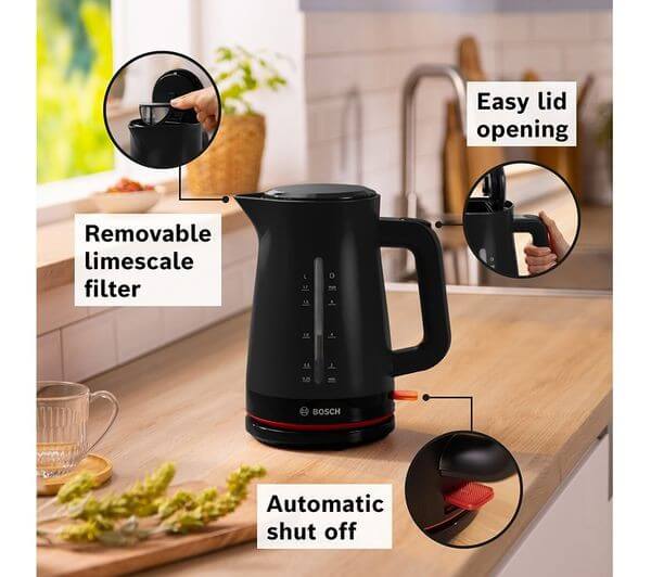BOSCH MyMoments TWK3M123GB 3000W 1.7L ELECTRIC CORDLESS JUG KETTLE BLACK with easy lid opening and removable limescale filter.