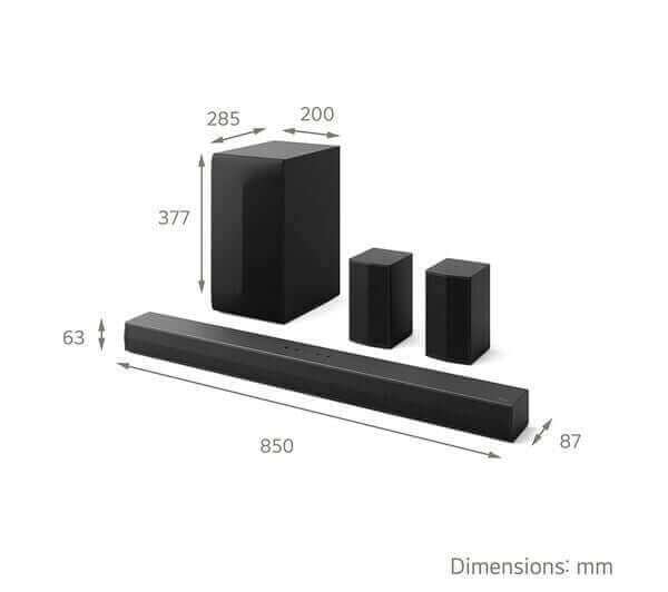 LG US60TR 5.1 wireless soundbar set with subwoofer and rear speakers, dimensions labeled in millimeters