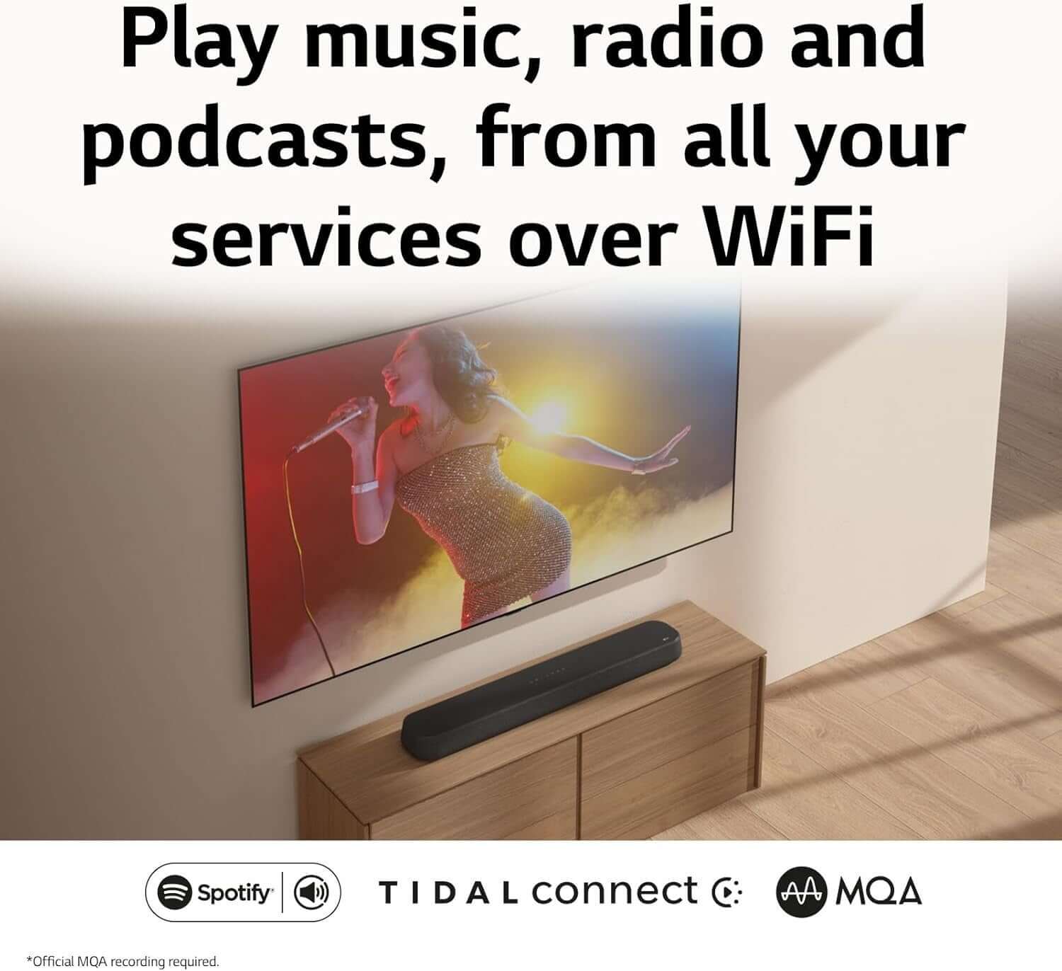 LG USE6S SOUNDBAR 3.0 ALL-IN-ONE WIRELESS 4K SUBWOOFER DOLBY ATMOS HDMI RRP £499 with TV displaying music streaming services.