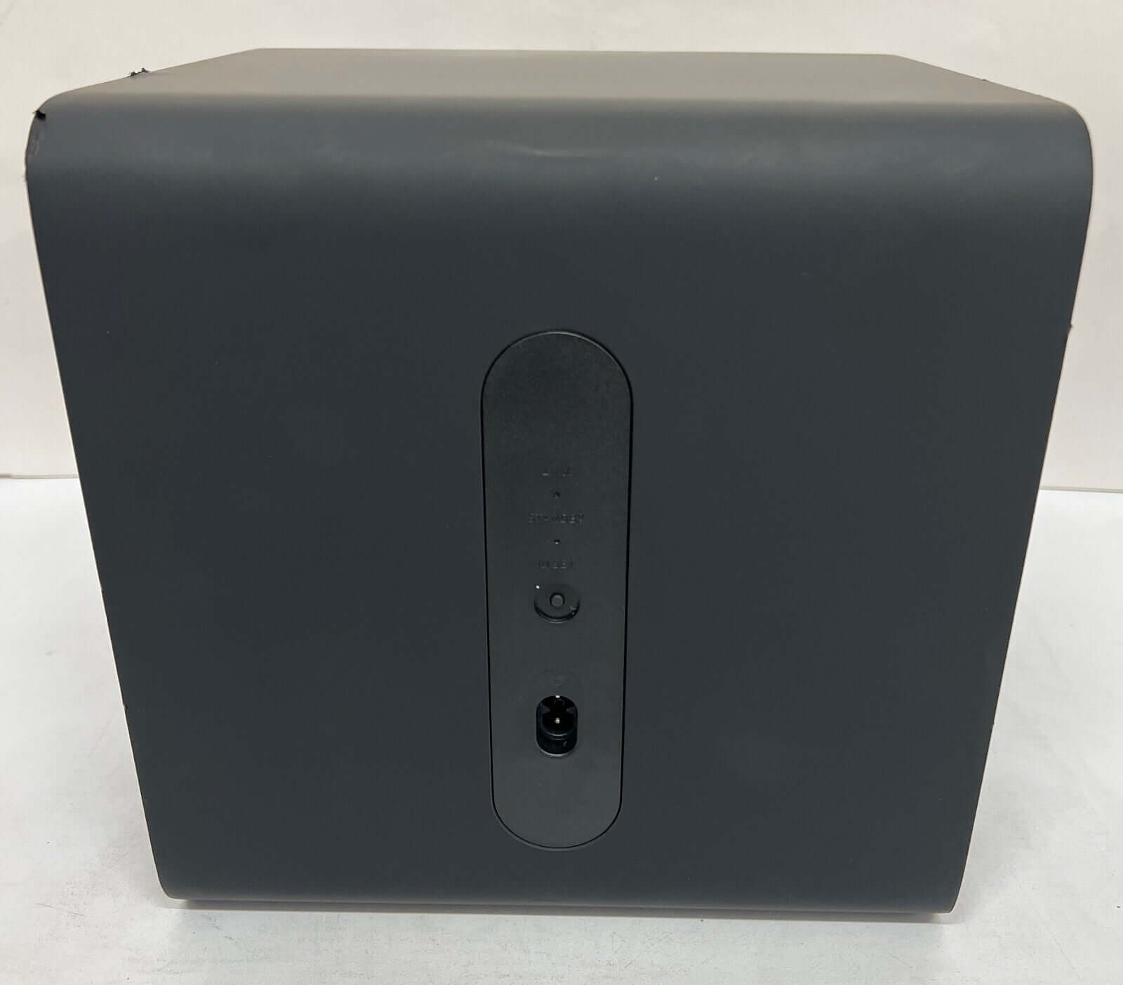 Back view of SAMSUNG HW-S800B subwoofer showing ports and buttons, designed for wireless sound experience.