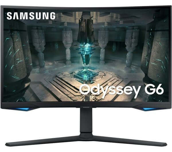 SAMSUNG Odyssey G6 curved gaming monitor showcasing dynamic graphics in a sleek design with immersive visuals.